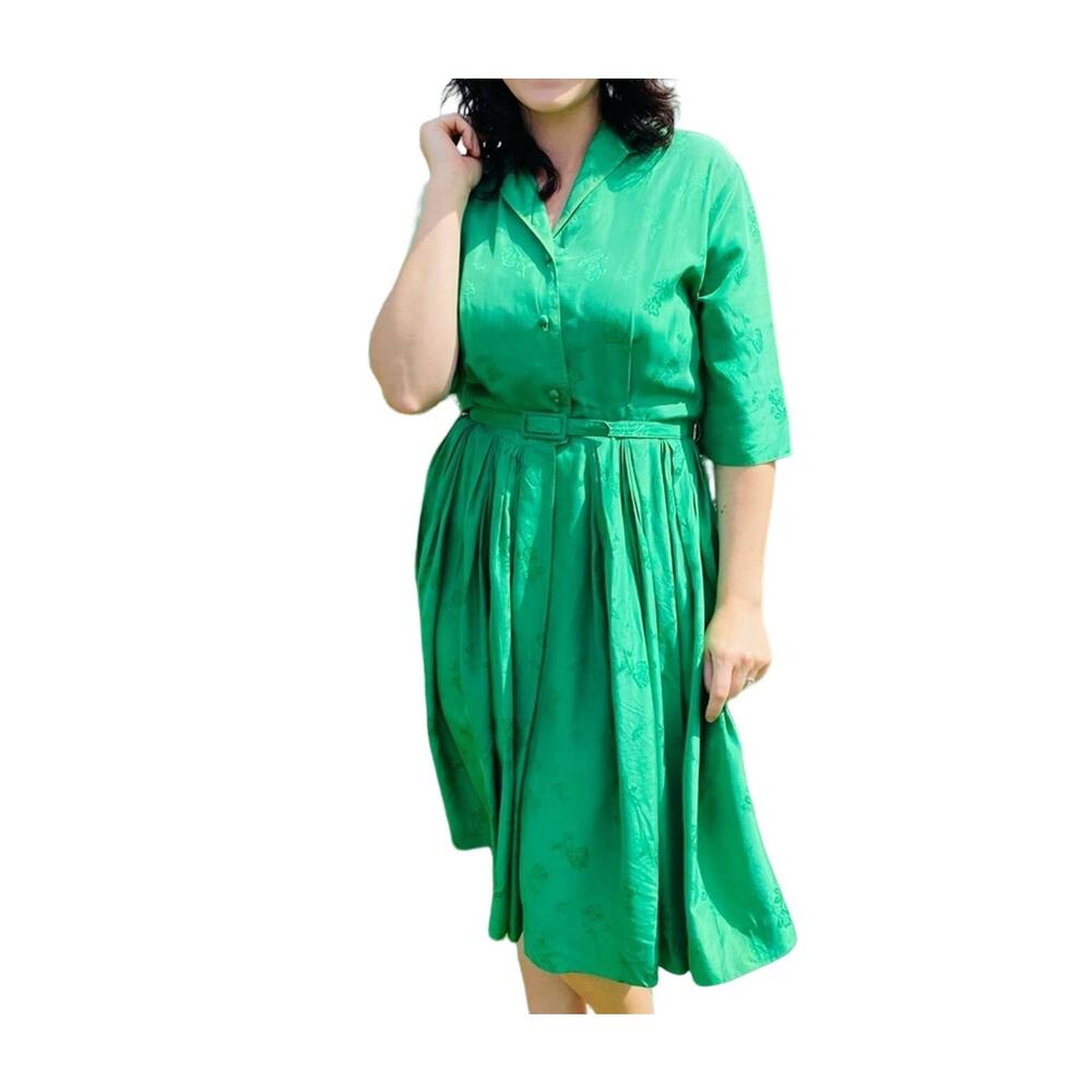 Vintage Green 100% Silk Fit & Flare Dress Size 6